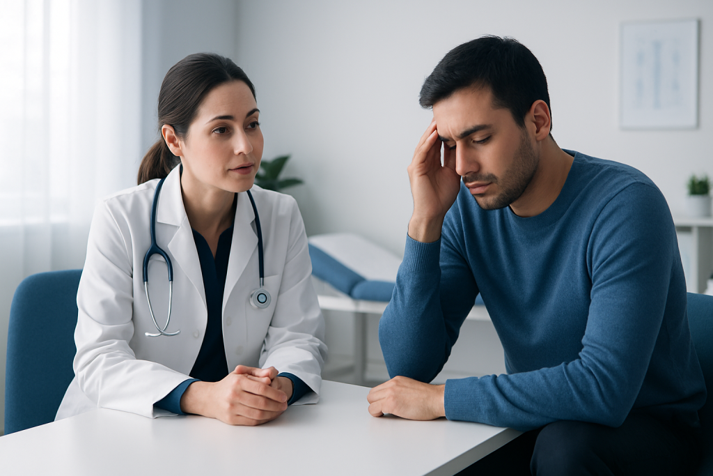 Doctor consulting with a patient experiencing fatigue or sleep issues.