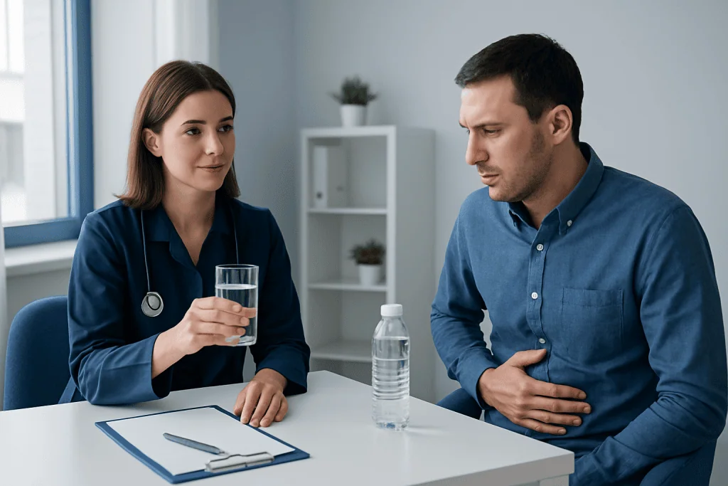 Doctor advising a patient about stomach upset and diarrhea treatment options.