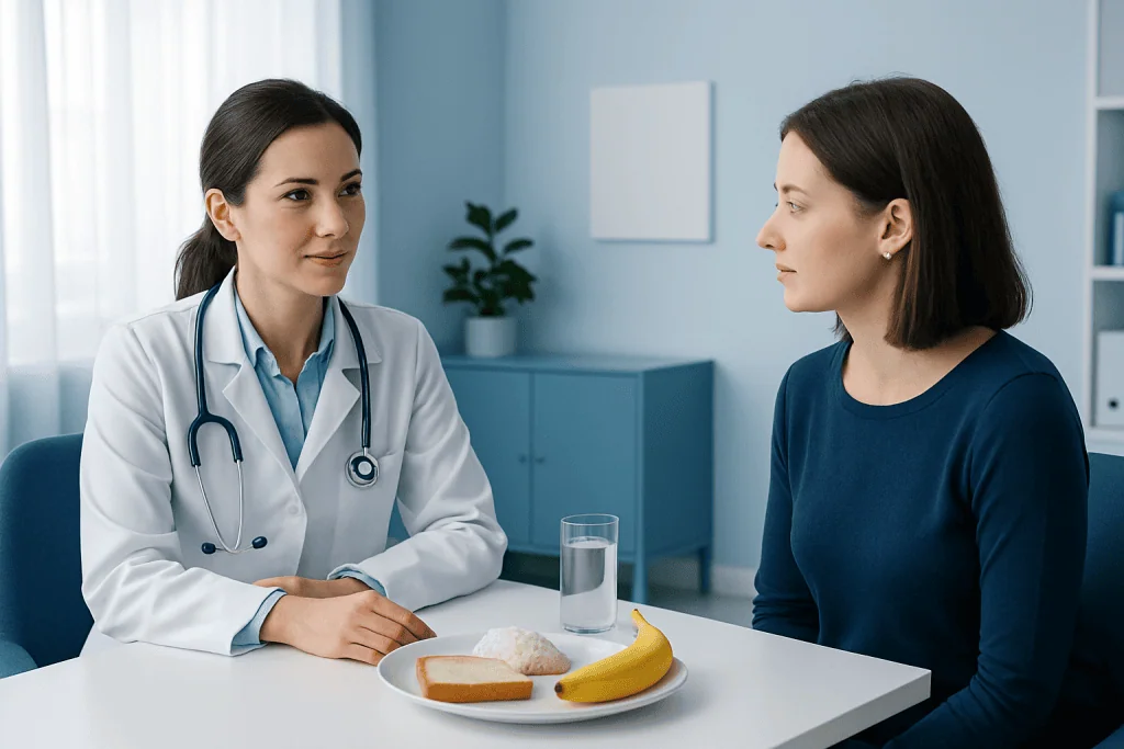 Doctor consulting patient about post-vomiting care in a medical office.