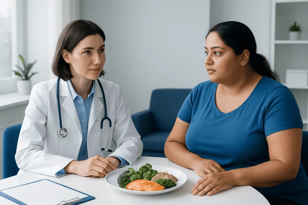 Doctor consulting with patient about healthy diet and nutrition.
