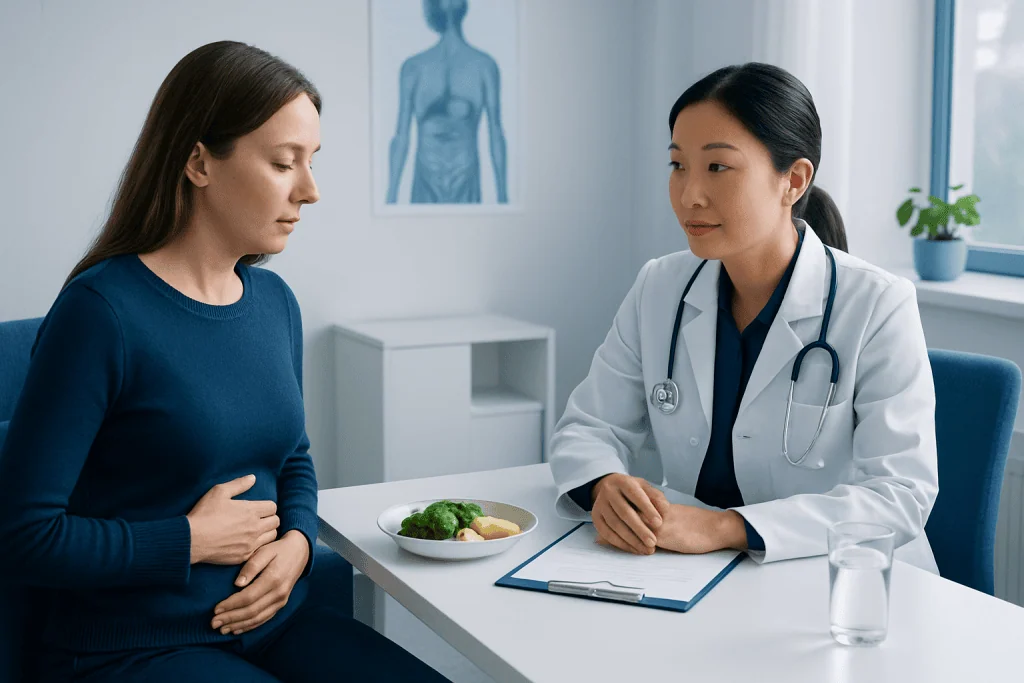 Doctor consulting with patient about digestive health in a clinical setting.