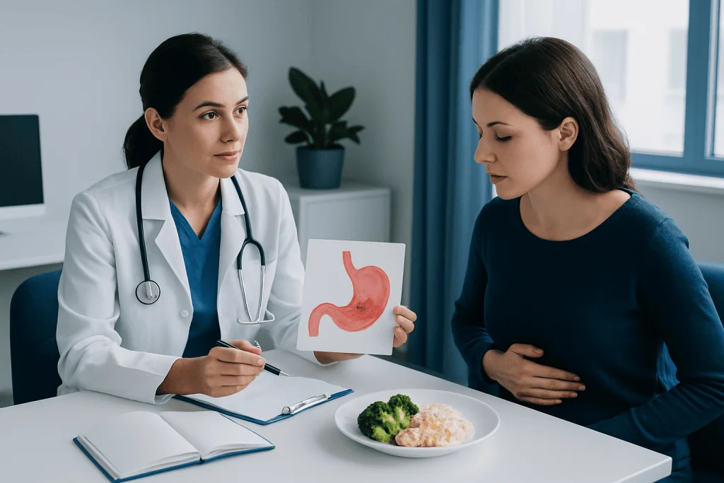 Doctor explaining stomach health to patient with gastric diagram.