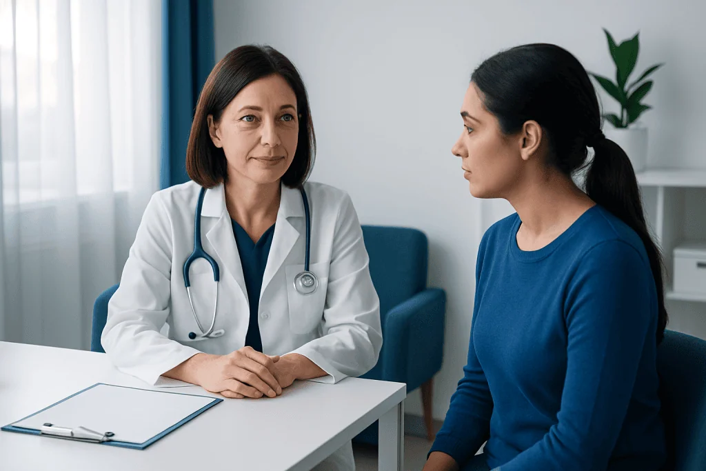Doctor consulting with a patient in a medical office setting.