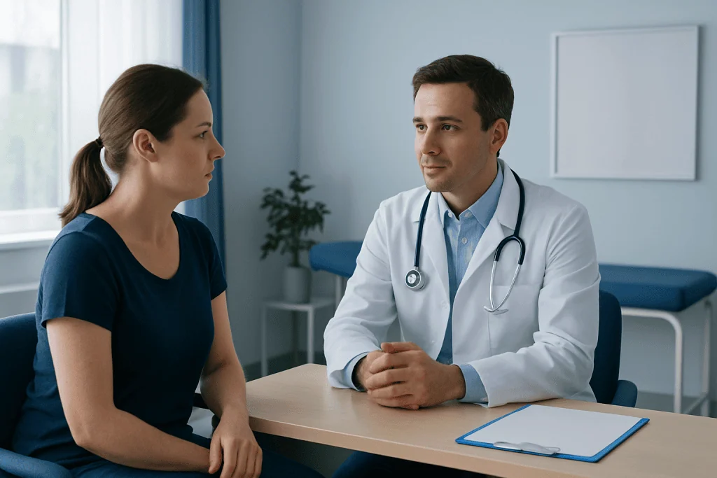 Doctor consulting with a female patient in a medical office.