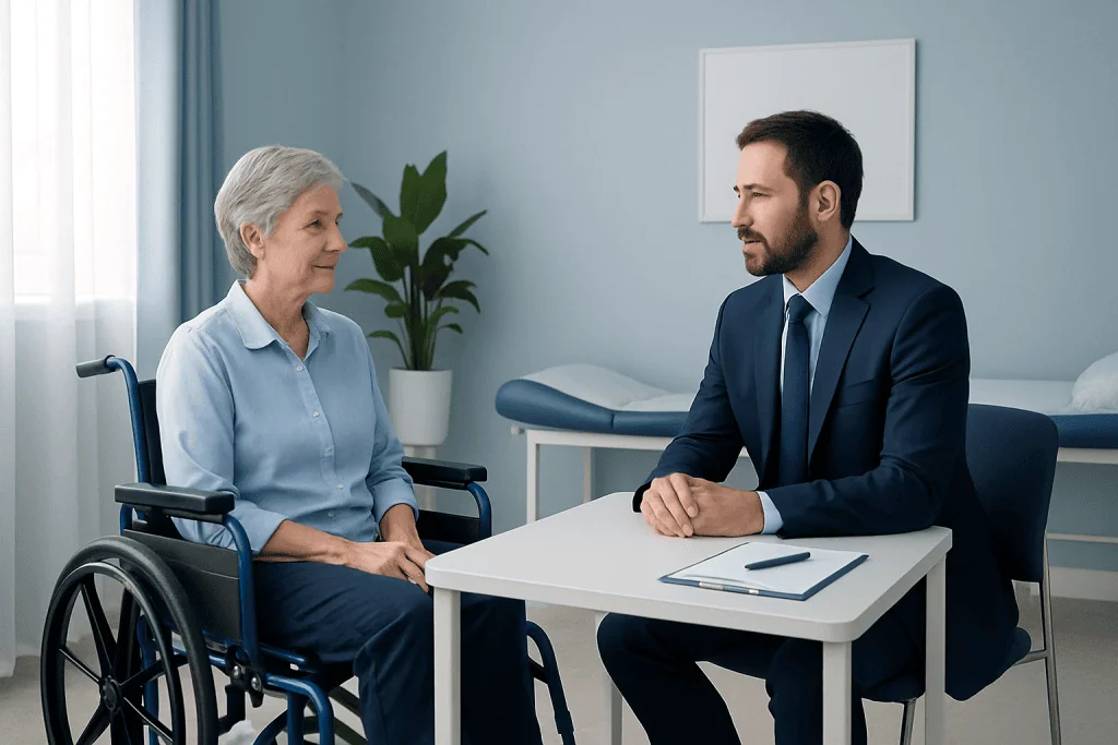 Doctor consulting elderly woman in wheelchair at hospital.