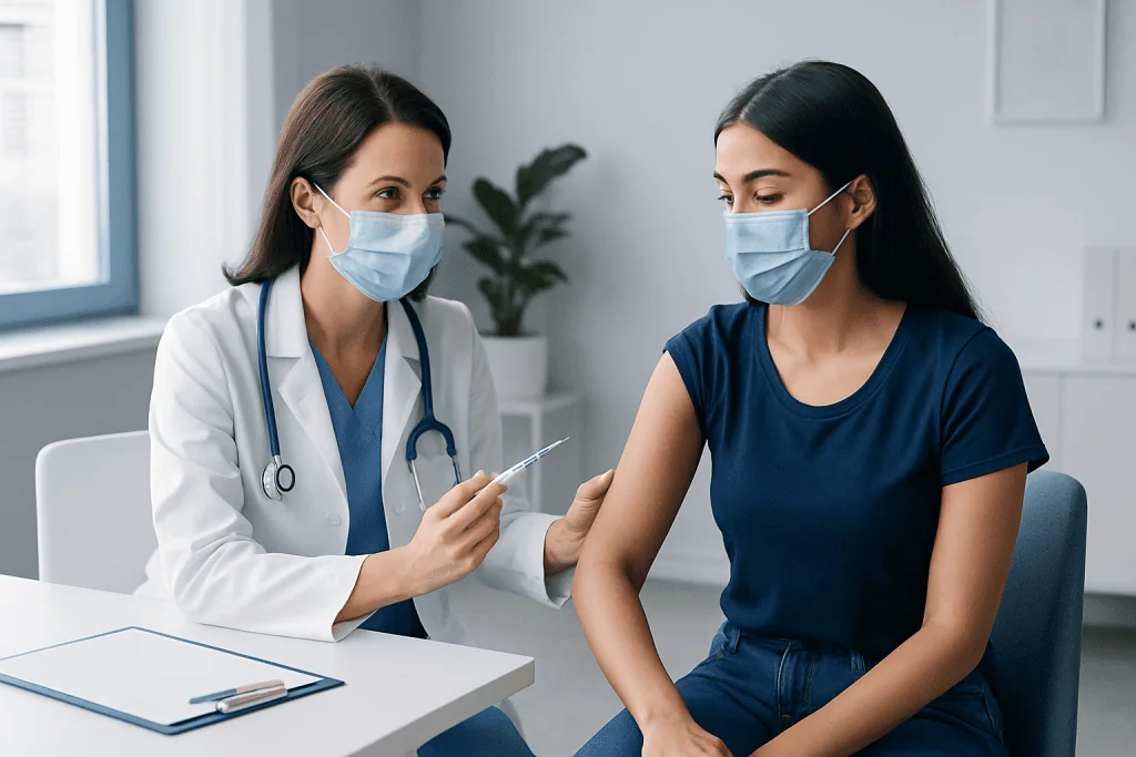 Doctor administering vaccine to a patient in a clinical setting.