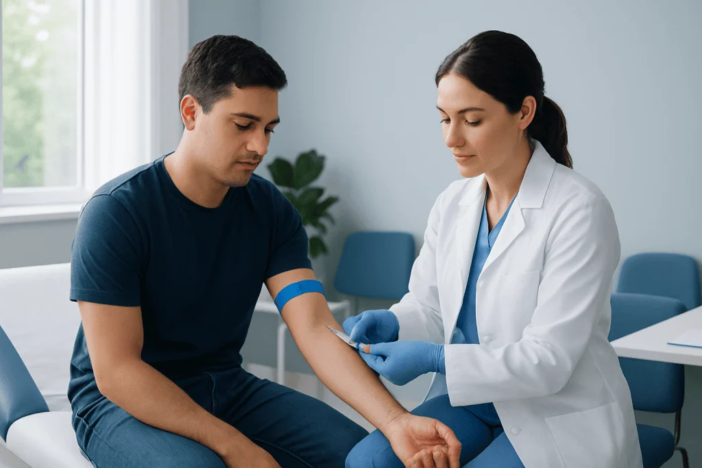 Doctor drawing blood from a patient's arm in a clinical setting.