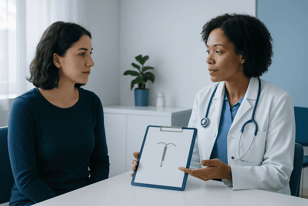 Doctor explaining IUD options to a patient in a clinic setting.
