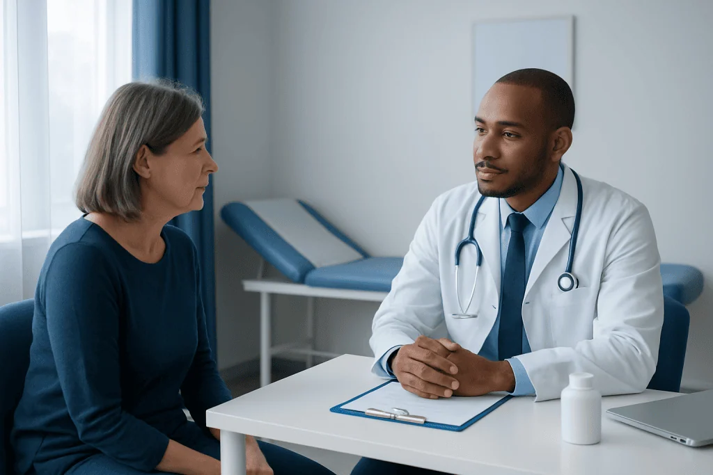 Doctor consulting with a female patient in a medical office.