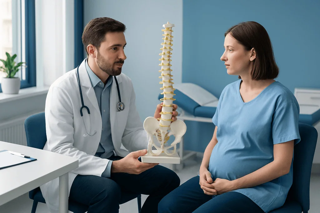 Doctor explaining spinal anatomy to patient in hospital room.