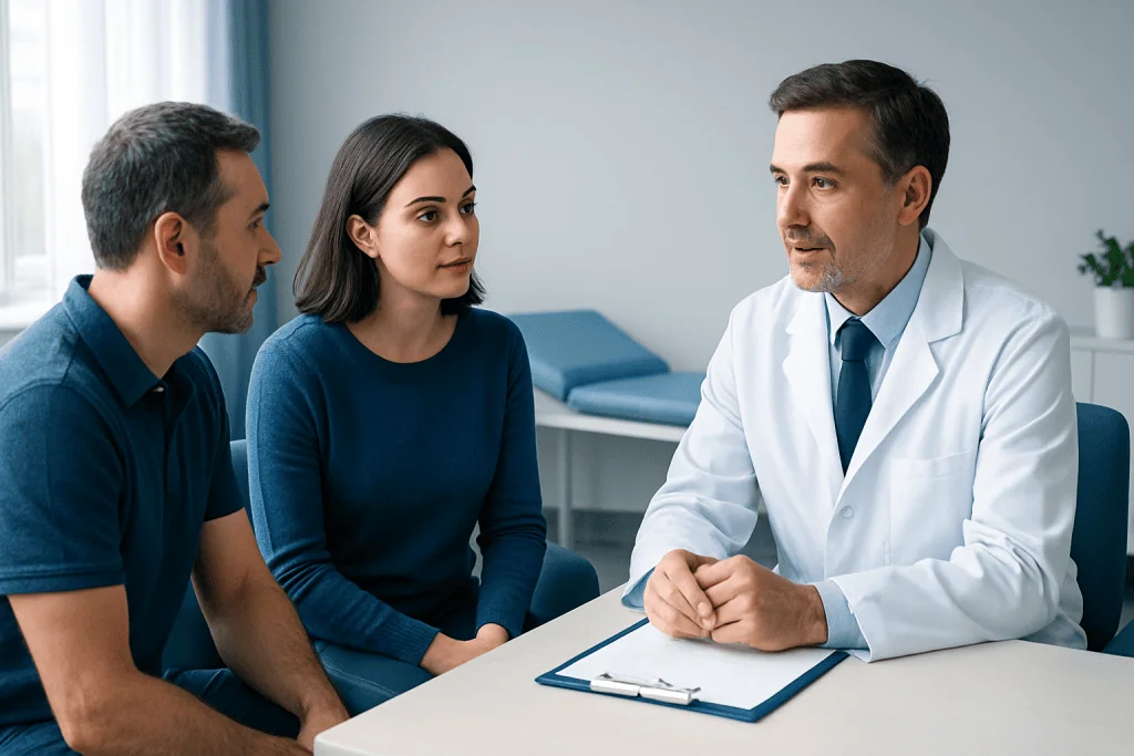 Doctor consulting with a couple in a medical office setting.