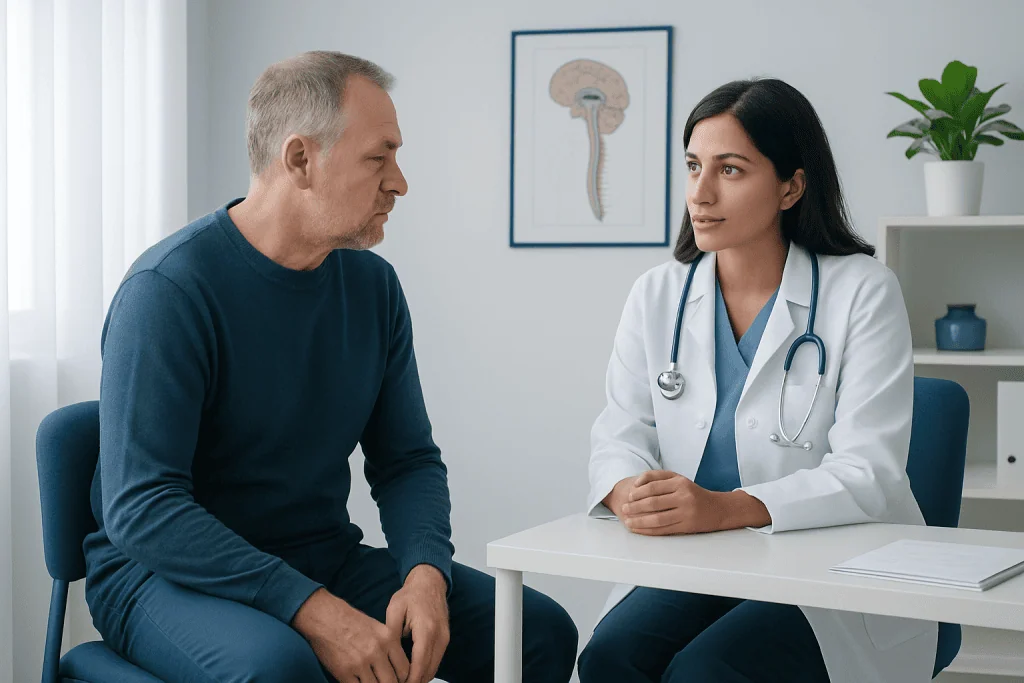 Doctor consulting with a patient in a medical office with brain diagram.
