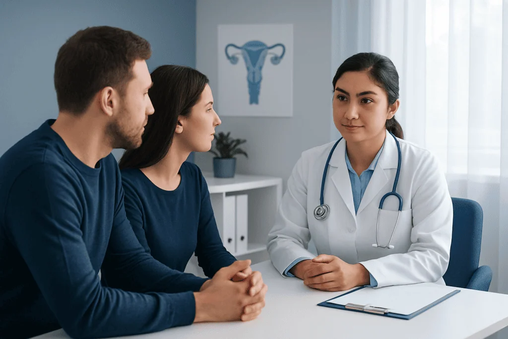 Doctor consulting with a couple about reproductive health in a clinic setting.