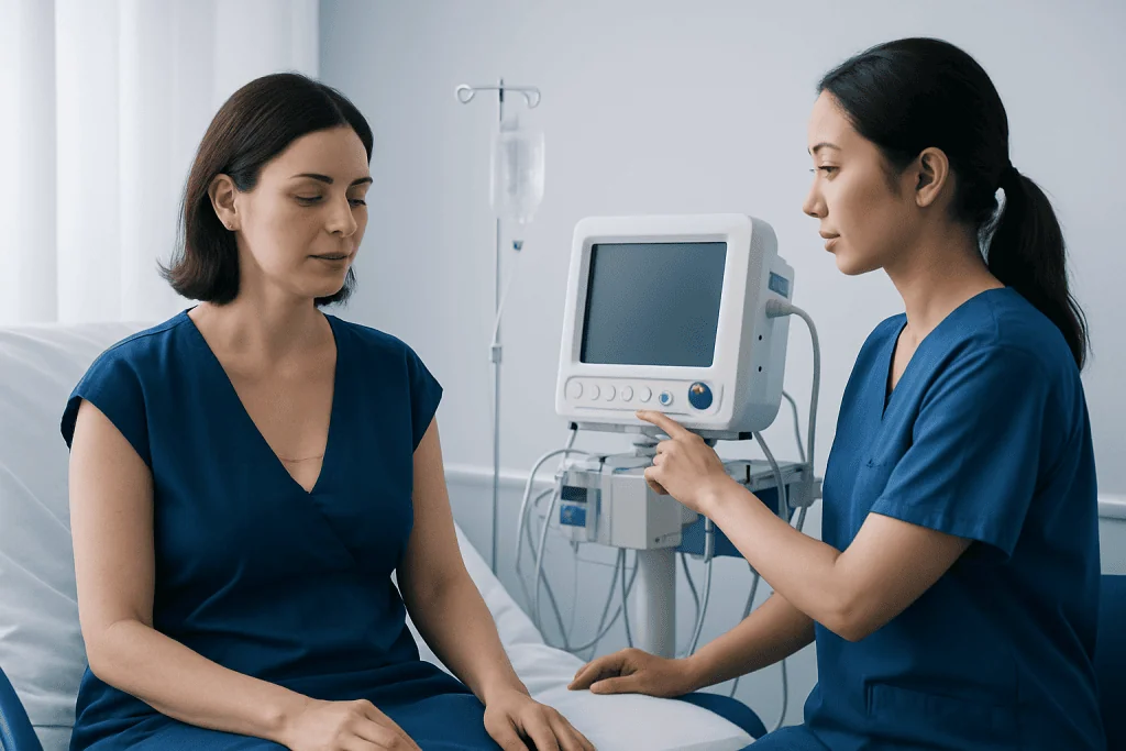 Medical professional monitoring patient after breast reduction surgery in hospital.