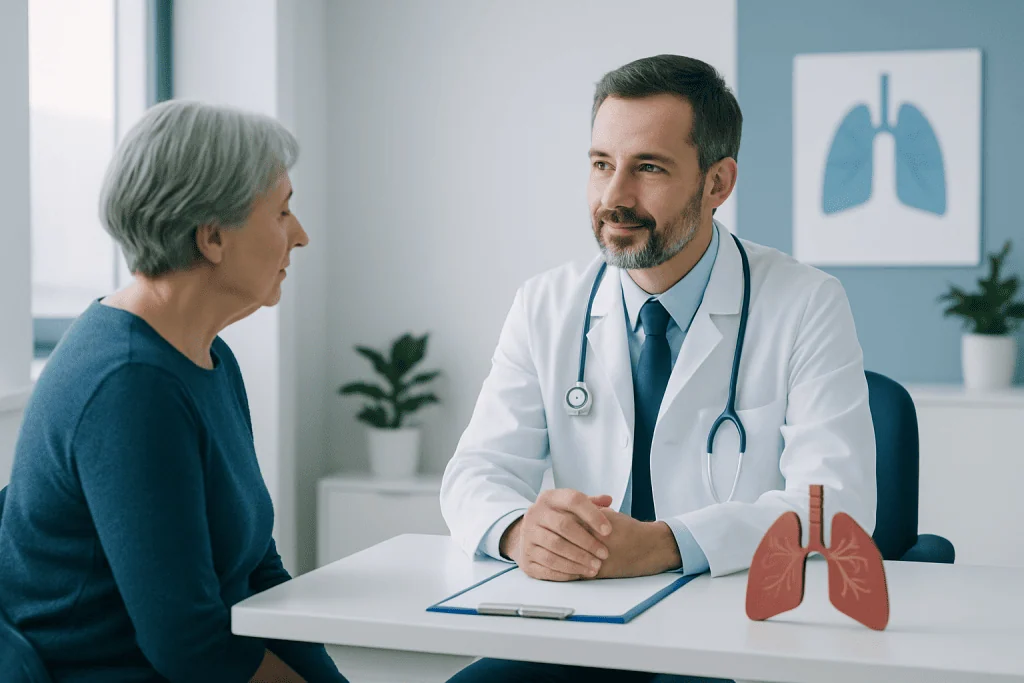 Pulmonologist consulting with an elderly patient in a medical office.