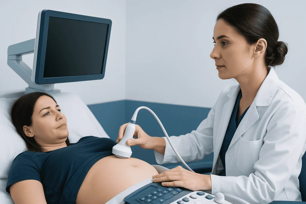 Doctor performing ultrasound on pregnant woman in hospital.