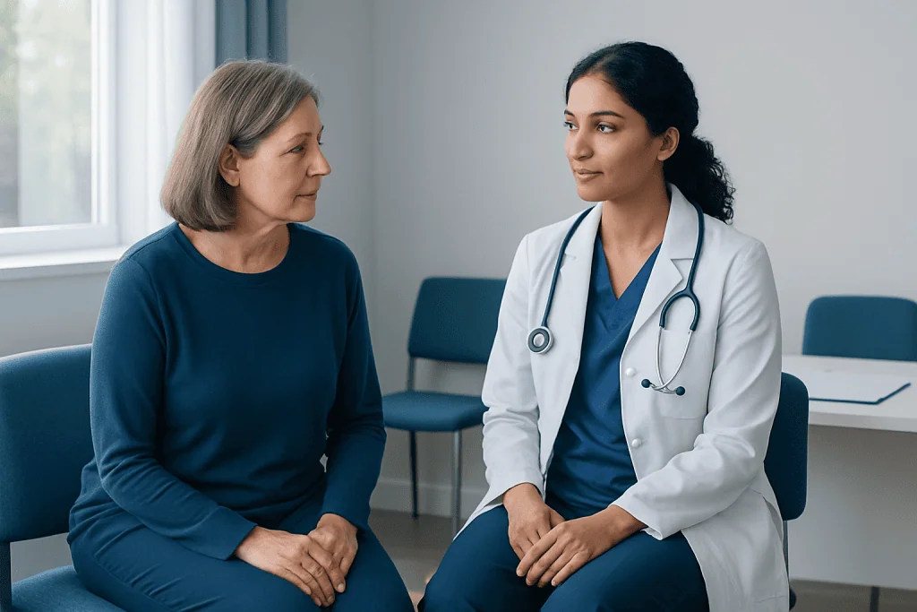 Doctor consulting with a female patient in a medical office.