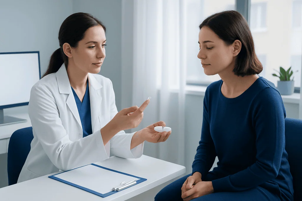 Optometrist explains scleral lenses to patient in consultation room.