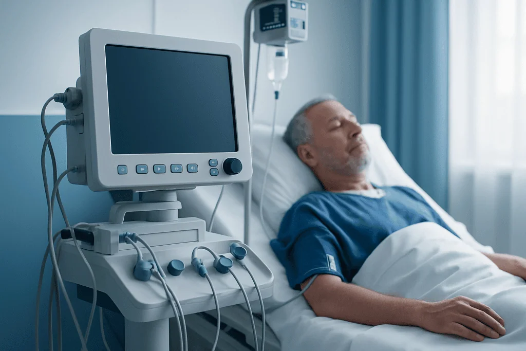 Elderly man resting in hospital bed with medical monitor nearby.