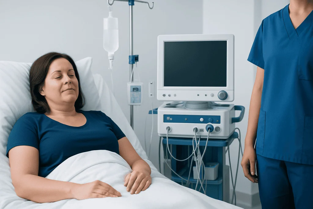 Patient resting in hospital bed during gastric banding recovery process.