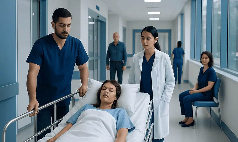 Hospital staff attending to a patient in a modern medical corridor.
