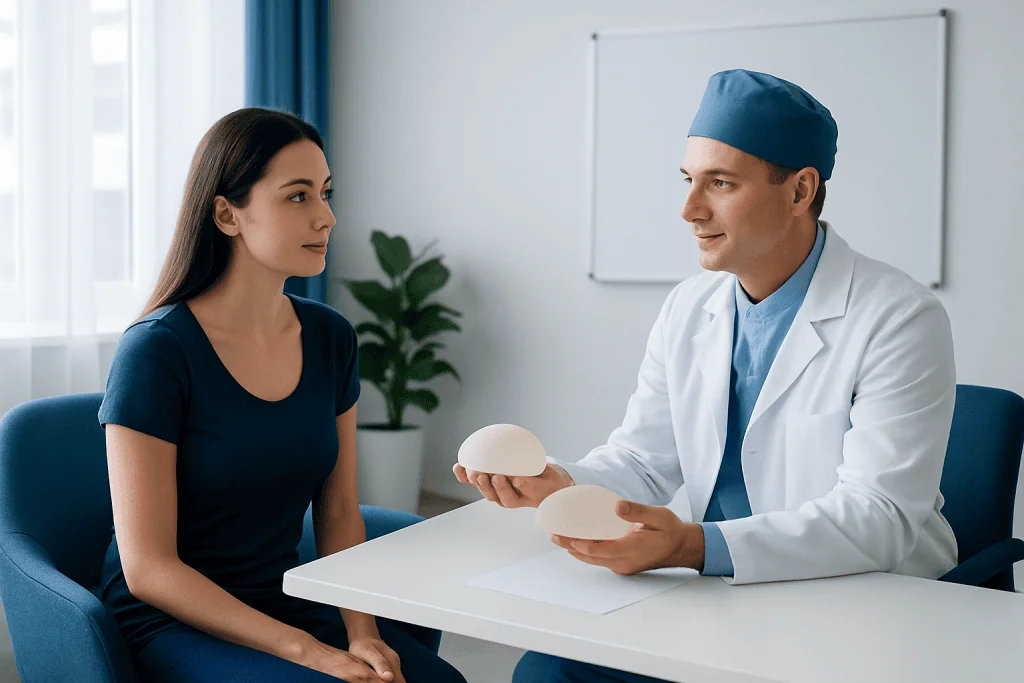 Doctor explaining breast implants to a patient in a consultation room.