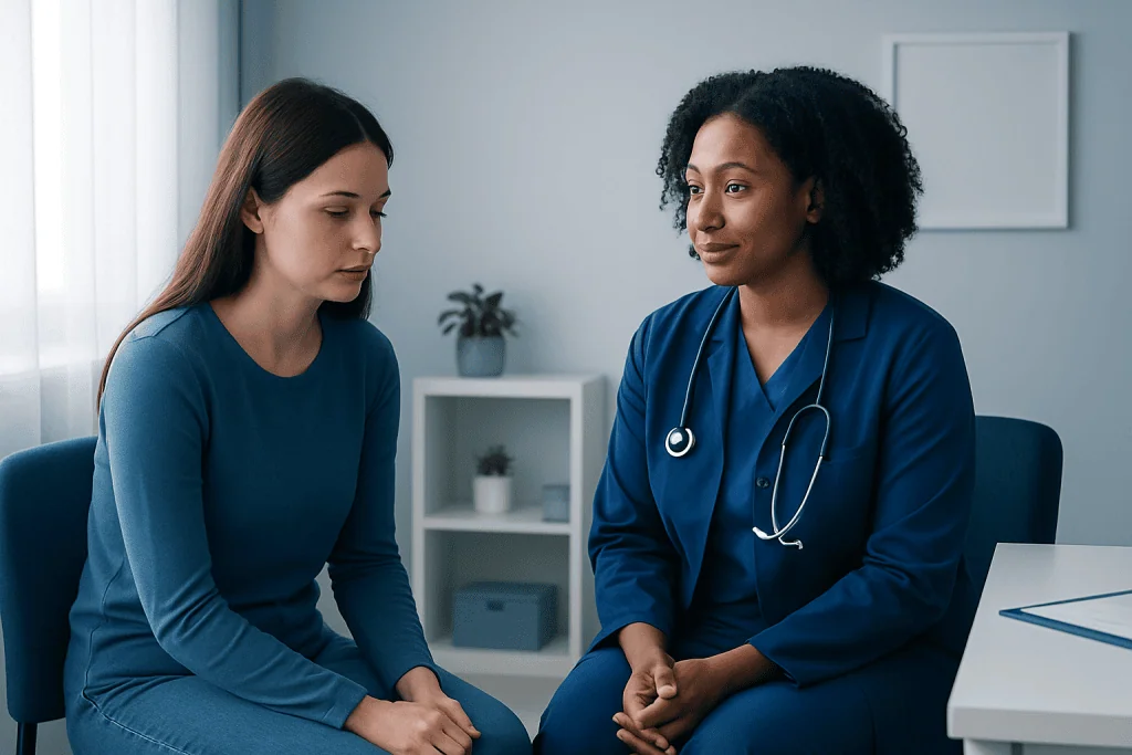 Medical consultation between a doctor and a patient in a clinic setting.