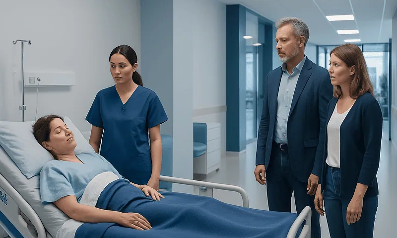 Patient in hospital bed with medical staff and visitors in hospital corridor.