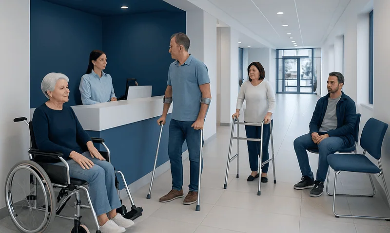 Patients and staff in a hospital waiting area with mobility aids.