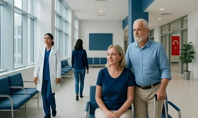 Elderly man with a walker and woman in a hospital corridor with medical staff nearby.