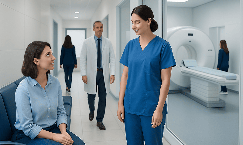 Medical staff and patient in MRI room at Acibadem Hospital in Turkey.