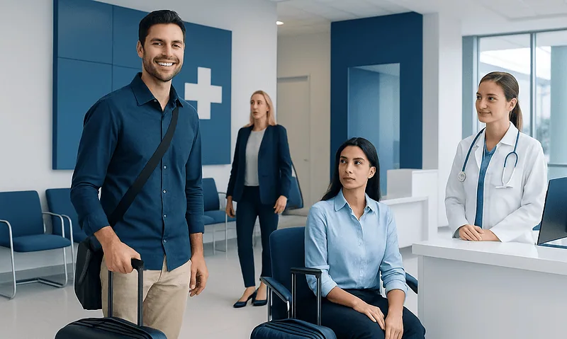 Happy male traveler at hospital reception with medical staff and other patients.