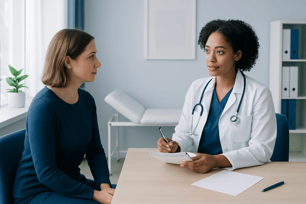 Doctor consulting with a patient in a medical office setting.