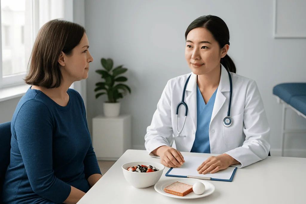 Doctor consulting a patient in a medical office with healthy breakfast items on the table.