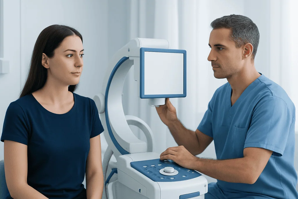 Medical professional explains ultrasound procedure to patient in clinic.