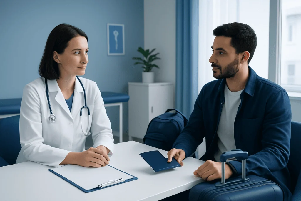 Doctor consulting with patient in a modern hospital room.