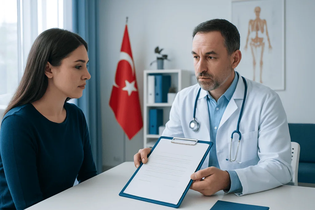Doctor explaining medical consent form to patient in clinic setting.