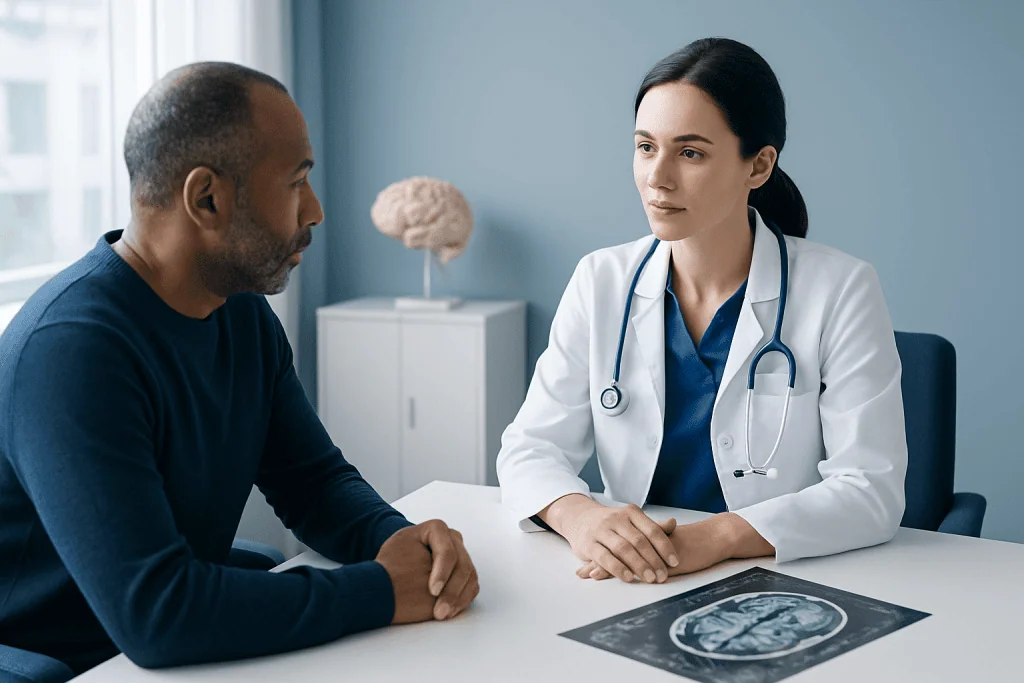 Doctor consulting with patient about advanced neuroradiology at Acibadem Hospital.