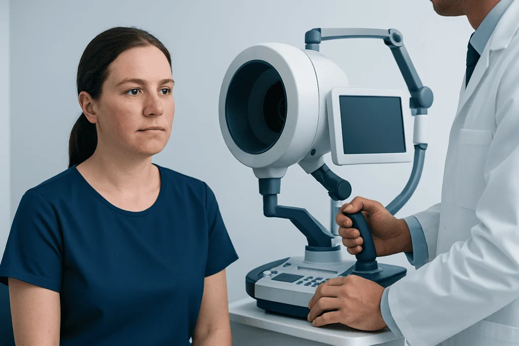 Optometrist performing eye examination with specialized equipment at Acibadem Hospital.