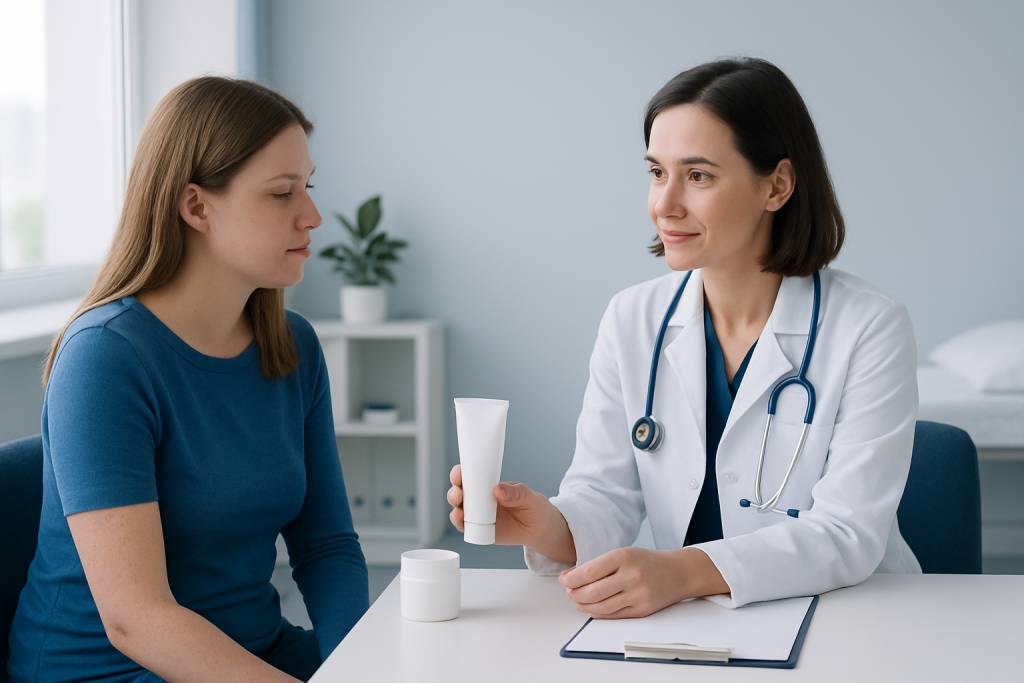 Doctor advising patient on skincare and moisturizers for KP treatment.