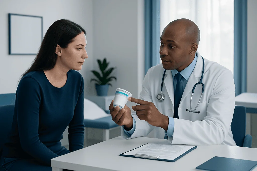 Doctor explaining probiotic supplement to patient in consultation room.