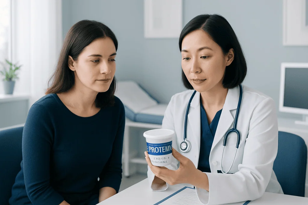 Doctor explaining protein yogurt benefits to a patient in a clinic setting.