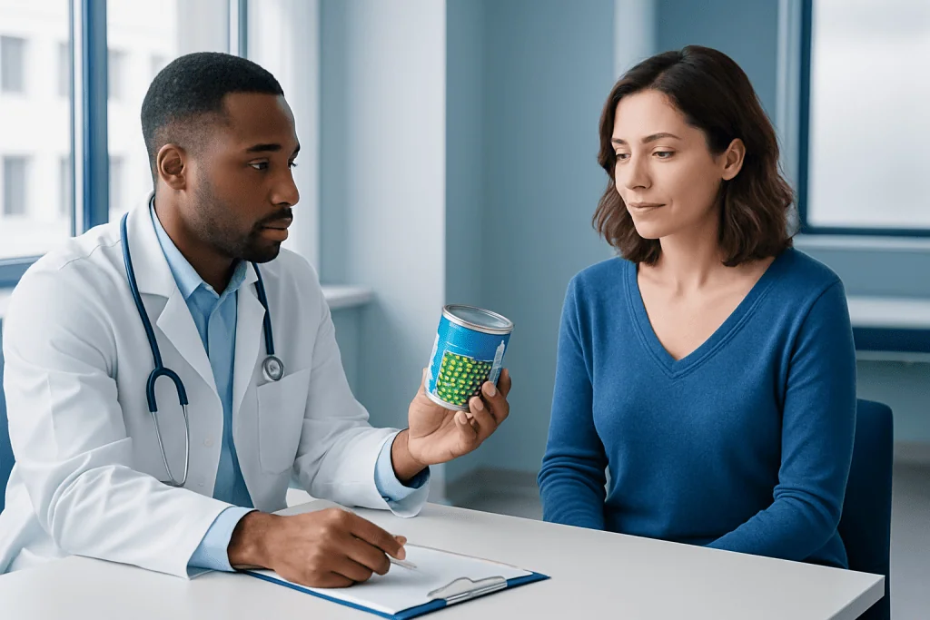 Doctor explaining canned vegetables to a patient in a consultation room.