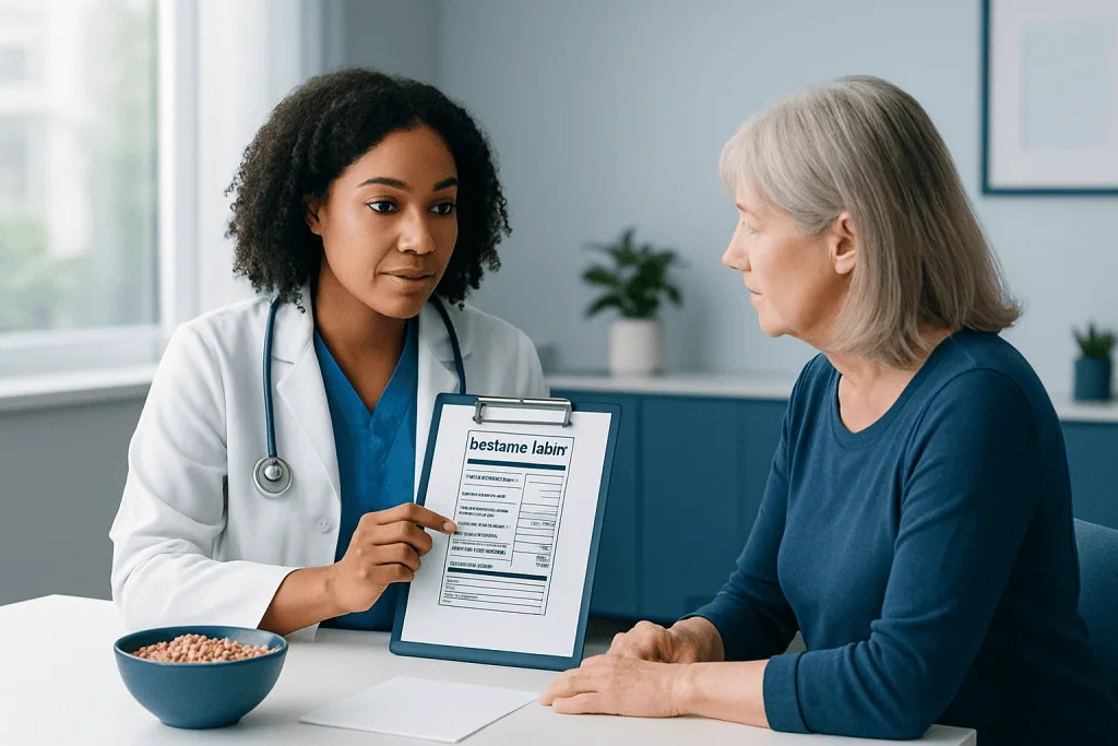 Doctor explaining lab results to an elderly woman in a medical office.