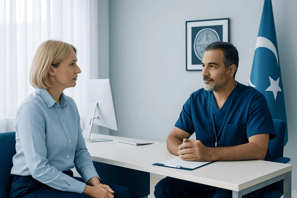 Doctor consulting a patient in a medical office with Turkish flag in background.
