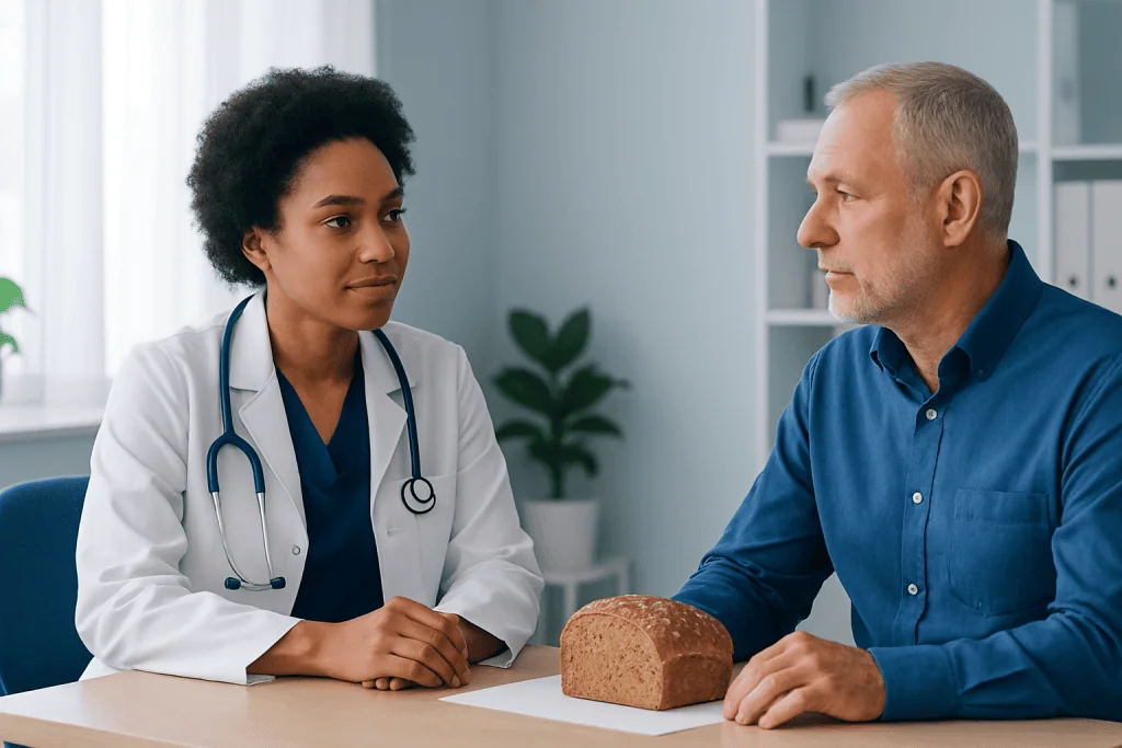 Doctor consulting with patient about bread and diabetes management.
