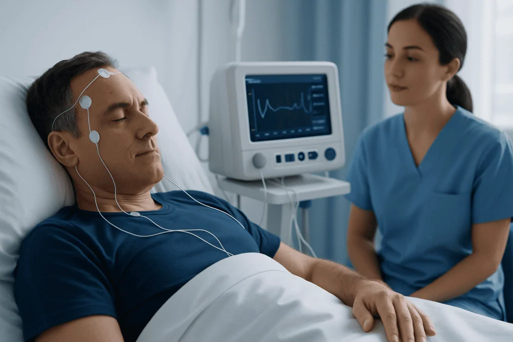 Patient undergoing sleep monitoring in a hospital setting with medical staff present.