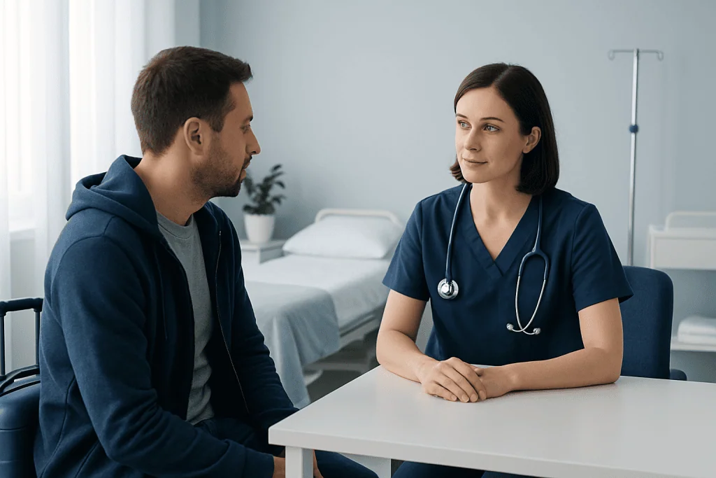 Doctor consulting a patient in a hospital room with medical equipment.
