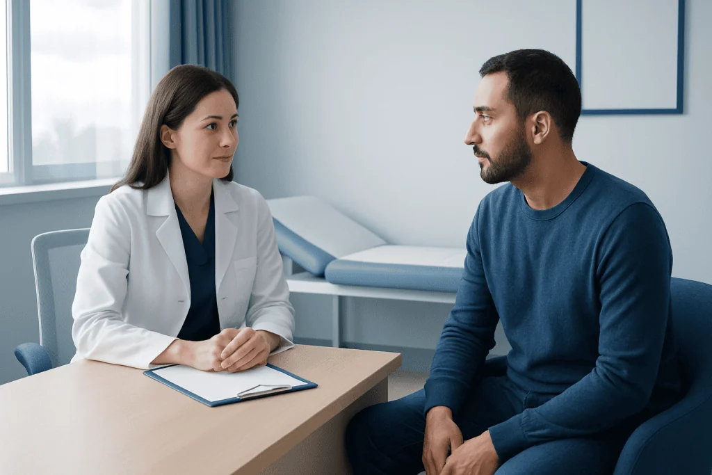 Doctor consulting patient in a medical office at Acibadem Hospitals Group.