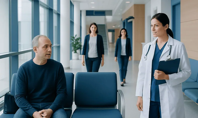 Doctor consulting with patient in hospital corridor at Acibadem Hospitals.